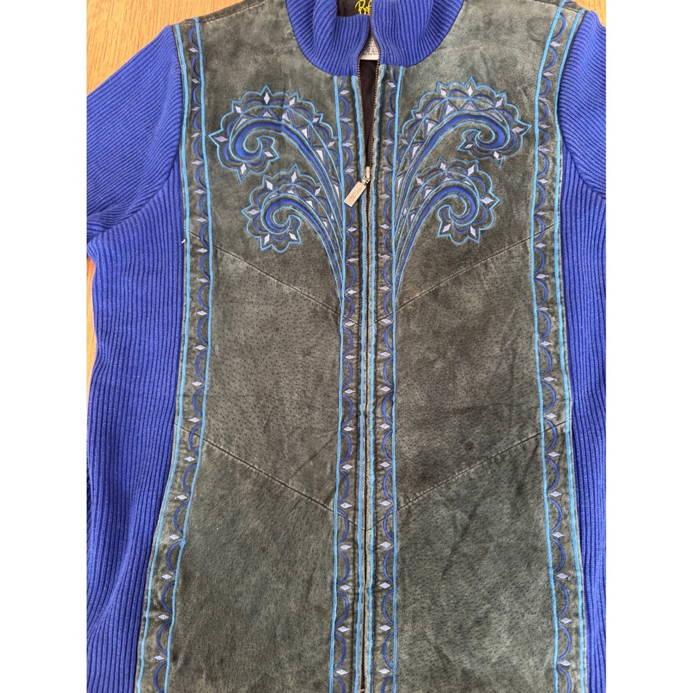 Bob Mackie Wearable Art Blue Ribbed Leather Suede Embroidered Jacket L - Picture 2 of 5